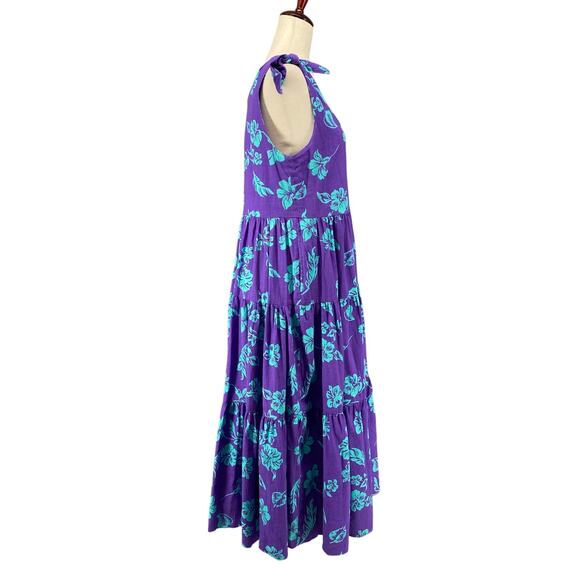 Vtg 80s 90s Two Potato Aloha Floral Midi Tiered Tie Shoulder Dress M Resort Wear - Picture 2 of 16